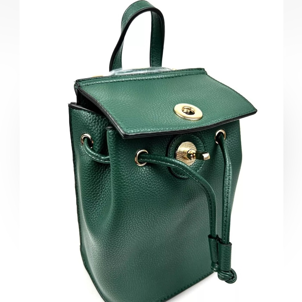 Green Leather Backpack Minimal Gold Hardware New - Picture 6 of 7